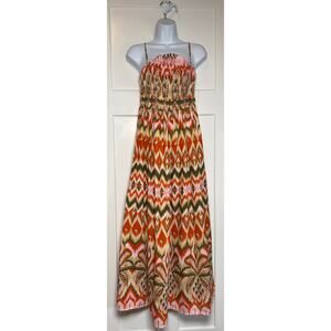 Farm Rio Sundress Maxi Dress Ikat Print Pink Green Orange Size P (Petite) Straps